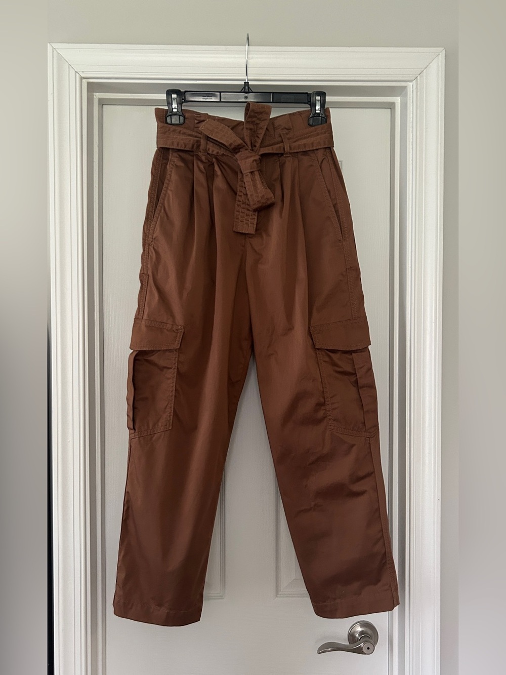 Zara Pleated Paper-Bag High-Rise Belted Cargo Pants Rich Brown US 2